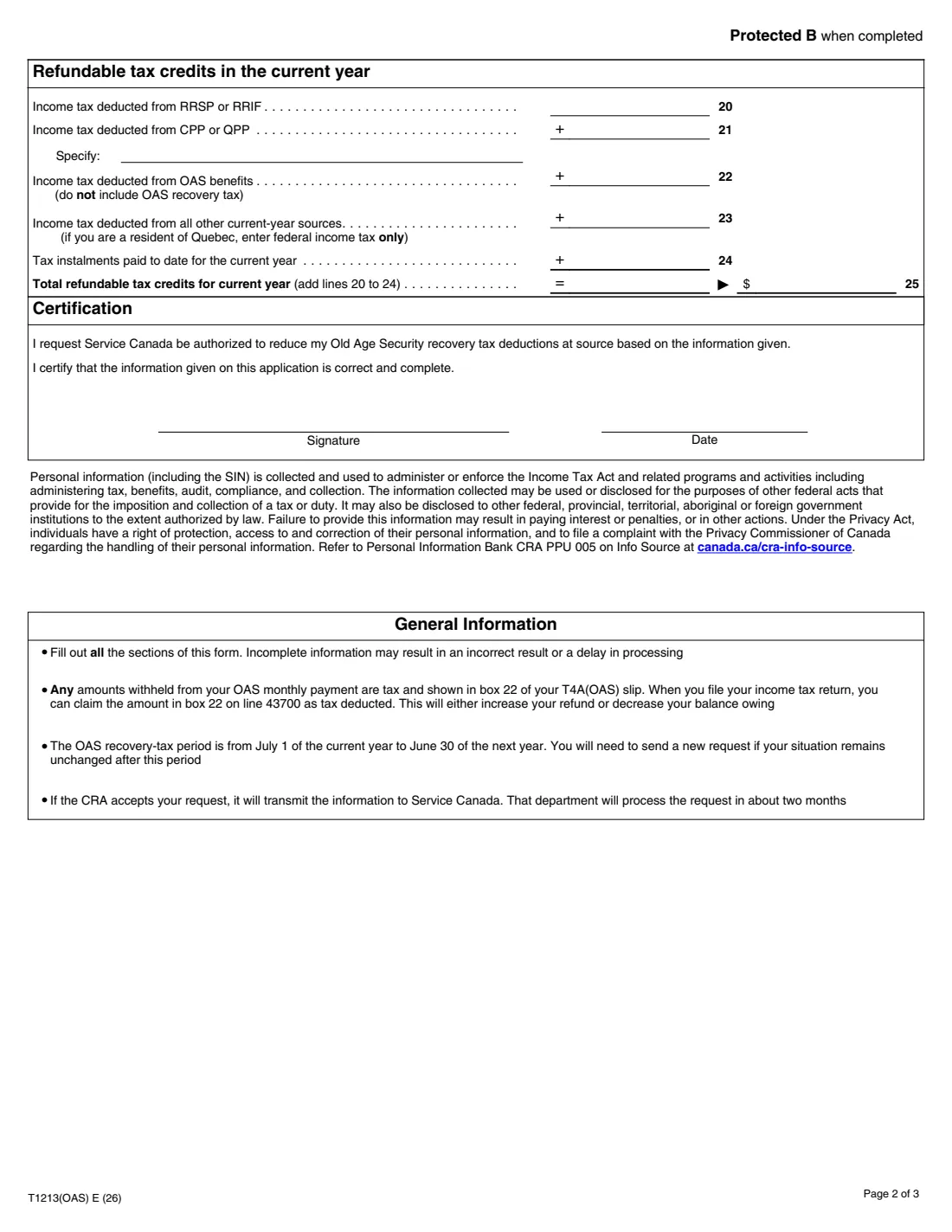Form T1213(OAS) (2026) Request to Reduce Old Age Security Recovery Tax at Source — page 2 of 3