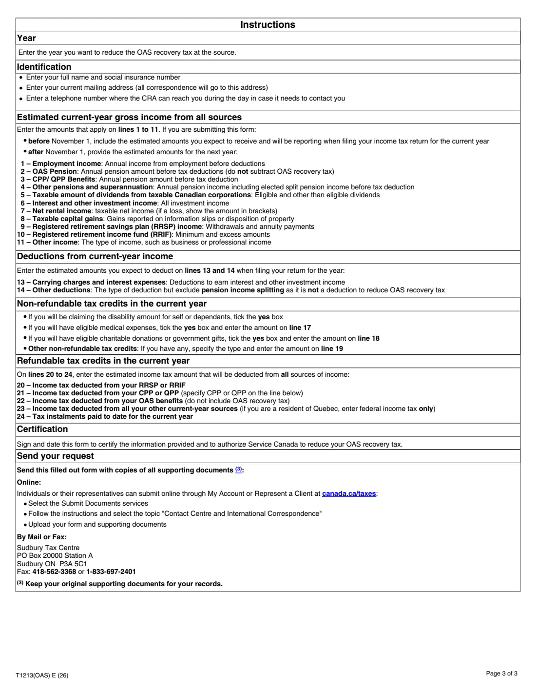 Form T1213(OAS) (2026) Request to Reduce Old Age Security Recovery Tax at Source — page 3 of 3