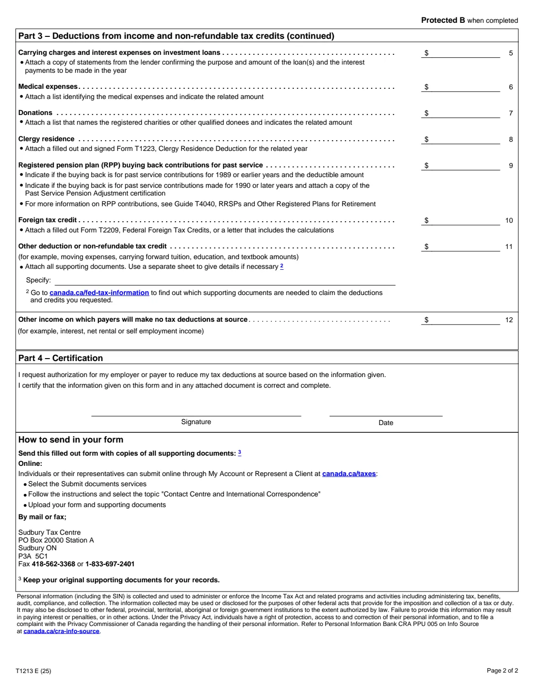 Form T1213 (2025) Request to Reduce Tax Deductions at Source — page 2 of 2