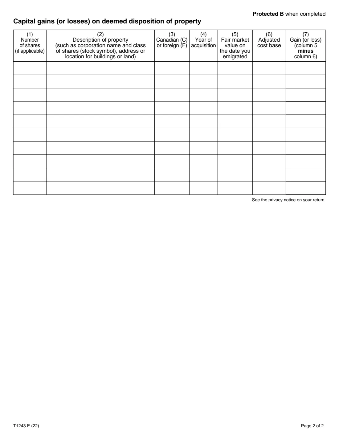 Form T1243 (2022) Deemed Disposition of Property by an Emigrant of Canada — page 2 of 2