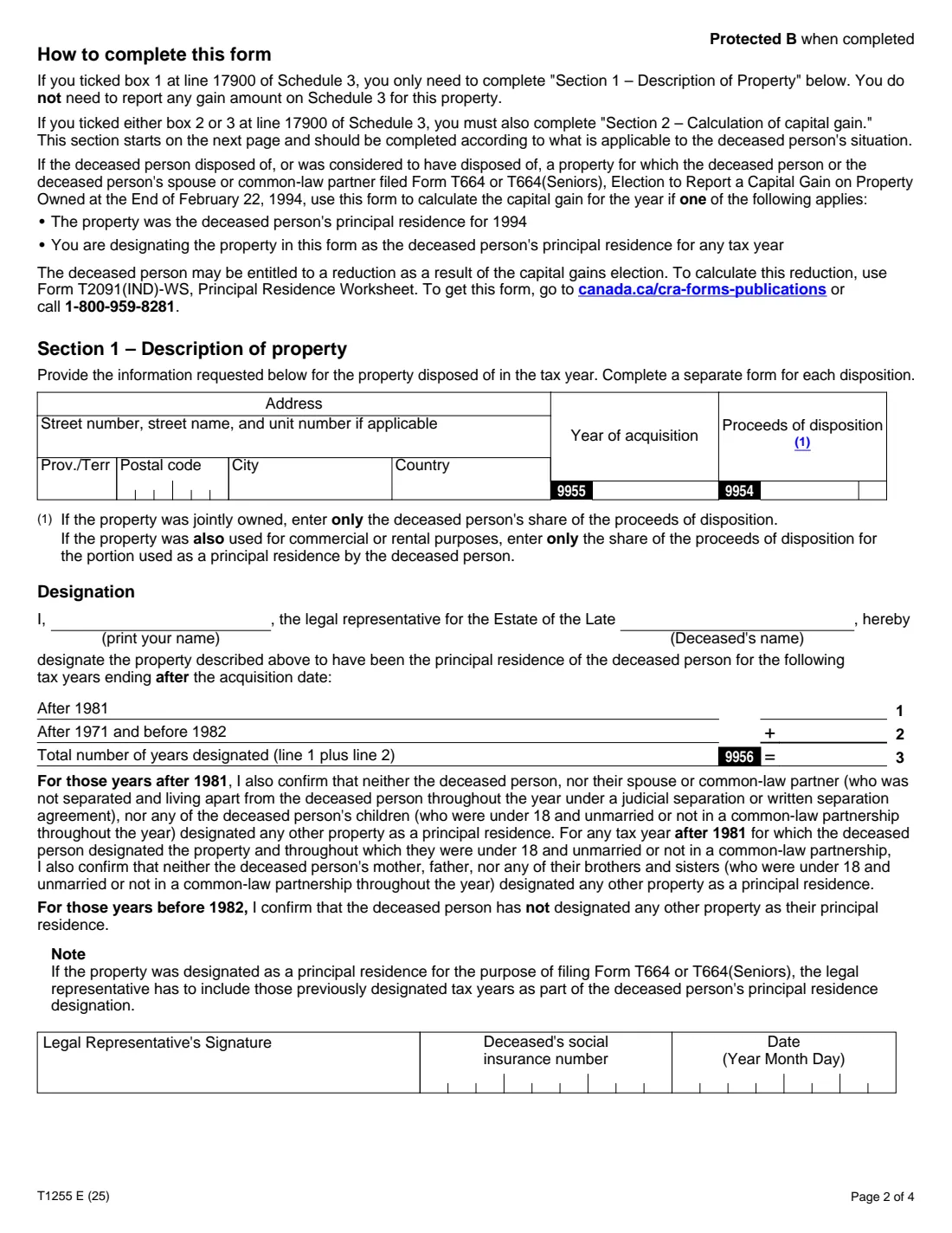 Form T1255 (2025) Designation of a Property as a Principal Residence by the Legal Representative of a Deceased Individual — page 2 of 4