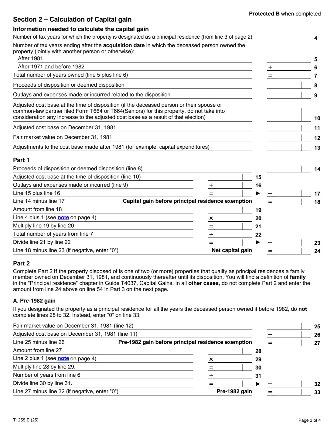 Form T1255 (2025) Designation of a Property as a Principal Residence by the Legal Representative of a Deceased Individual — page 3 of 4