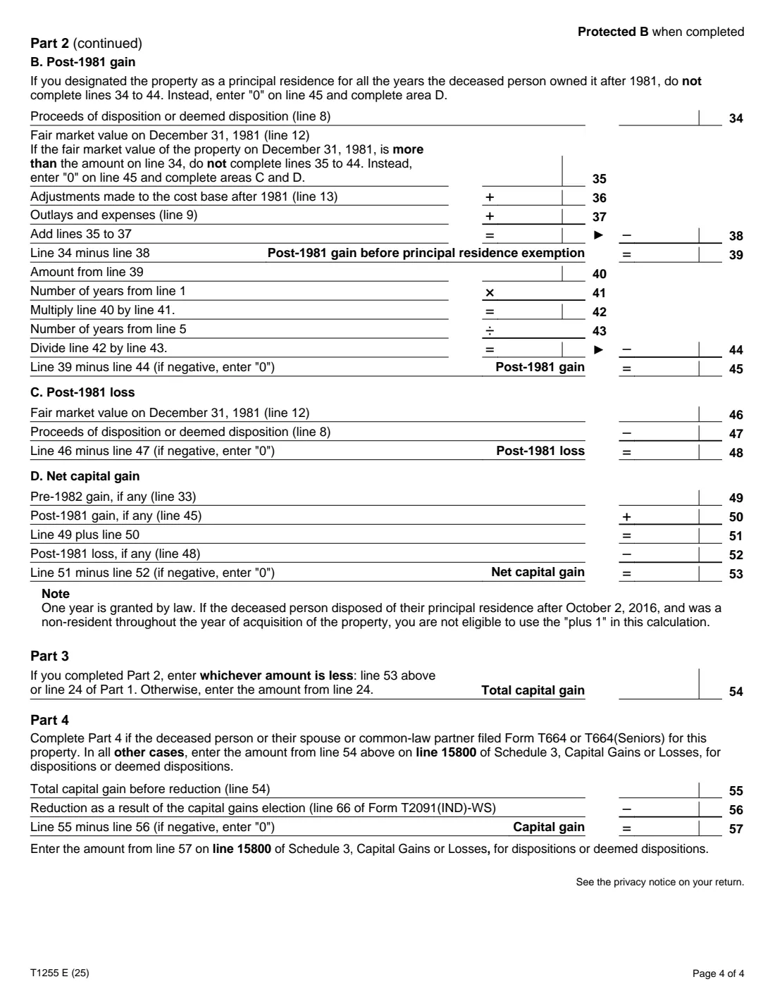 Form T1255 (2025) Designation of a Property as a Principal Residence by the Legal Representative of a Deceased Individual — page 4 of 4
