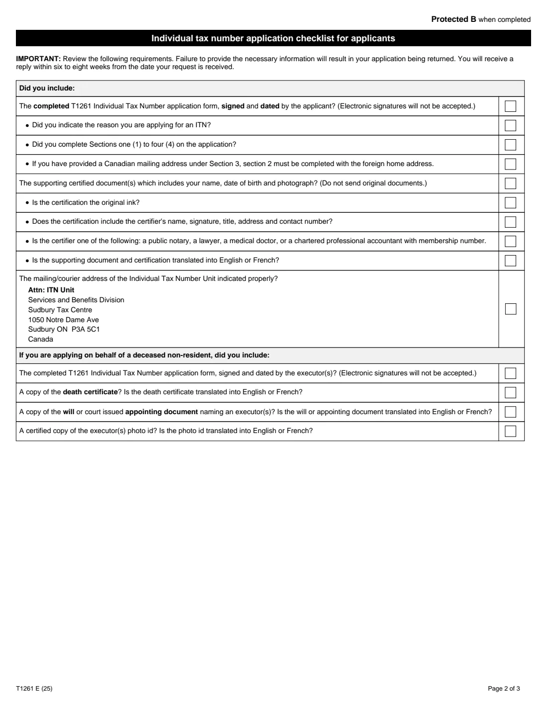 Form T1261 (2025) Application for a Canada Revenue Agency Individual Tax Number (ITN) for Non-Residents — page 2 of 3