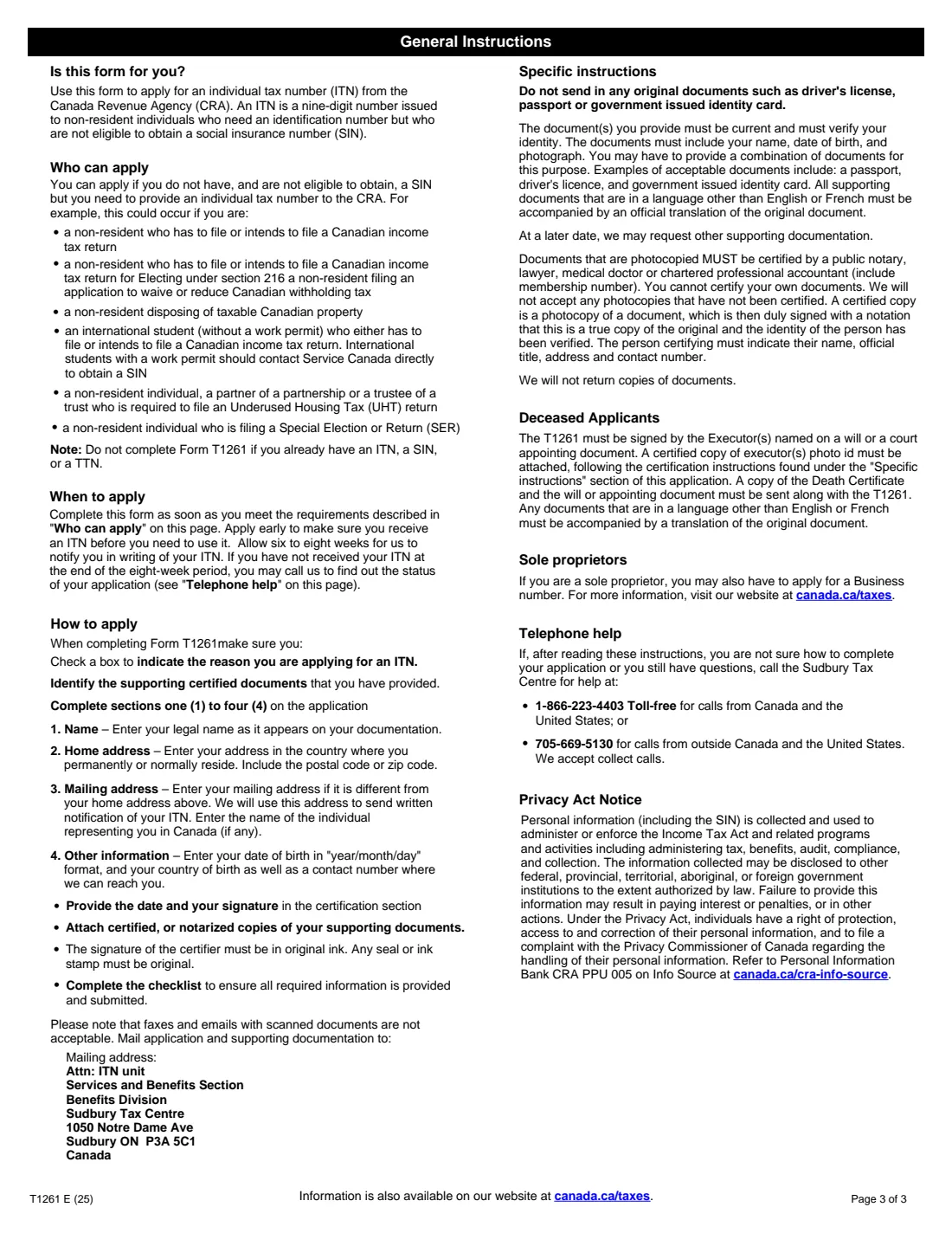 Form T1261 (2025) Application for a Canada Revenue Agency Individual Tax Number (ITN) for Non-Residents — page 3 of 3