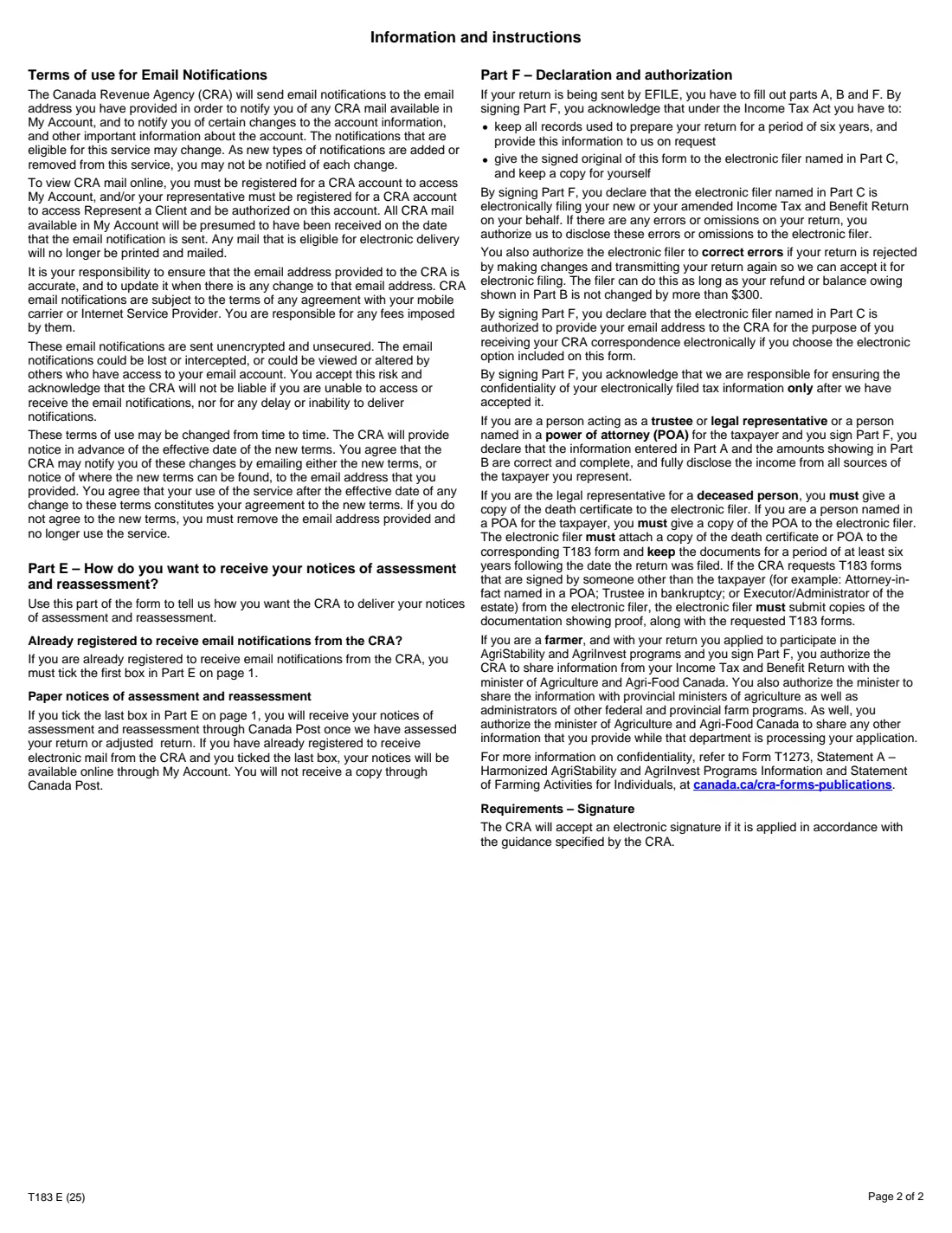 Form T183 (2025) Information Return for Electronic Filing of an Individual's Income Tax and Benefit Return — page 2 of 2