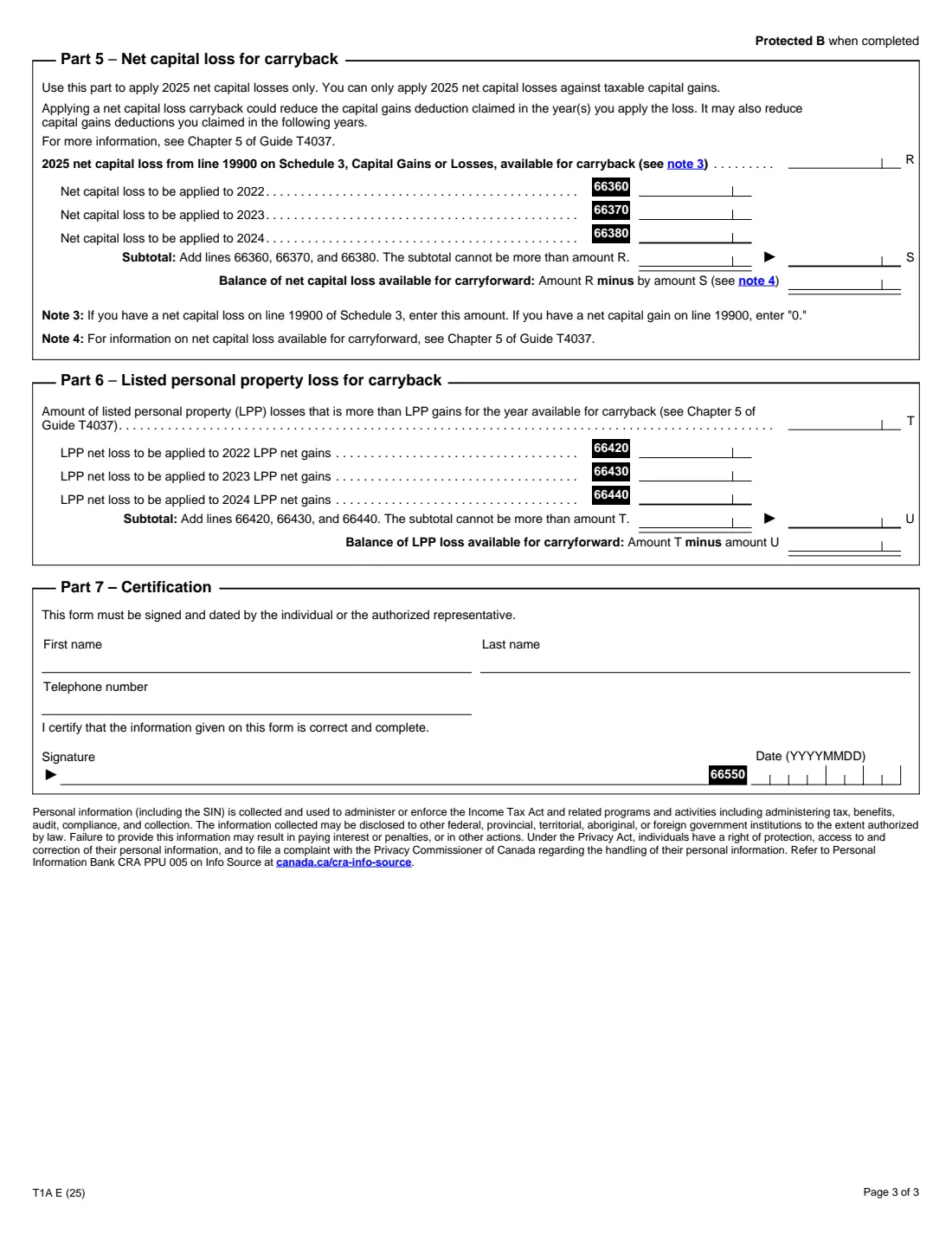 Form T1A (2025) Request for Loss Carryback — page 3 of 3
