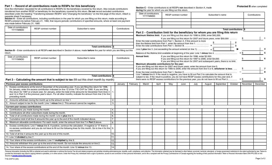 Form T1E-OVP (2025) Individual Tax Return for RESP Excess Contributions — page 2 of 2