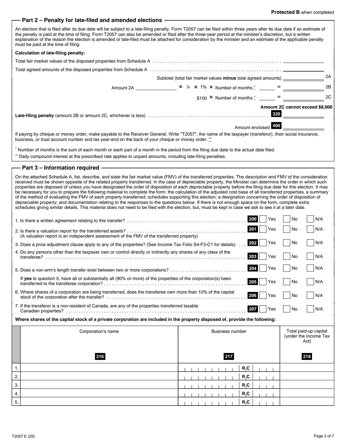 Form T2057 (2025) Election on Disposition of Property by a Taxpayer to a Taxable Canadian Corporation — page 2 of 7