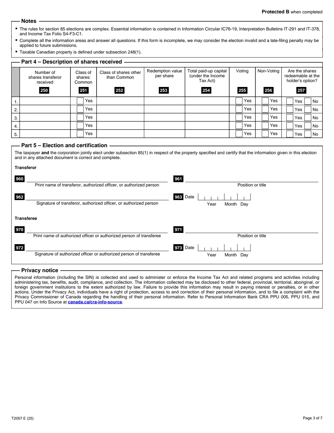 Form T2057 (2025) Election on Disposition of Property by a Taxpayer to a Taxable Canadian Corporation — page 3 of 7