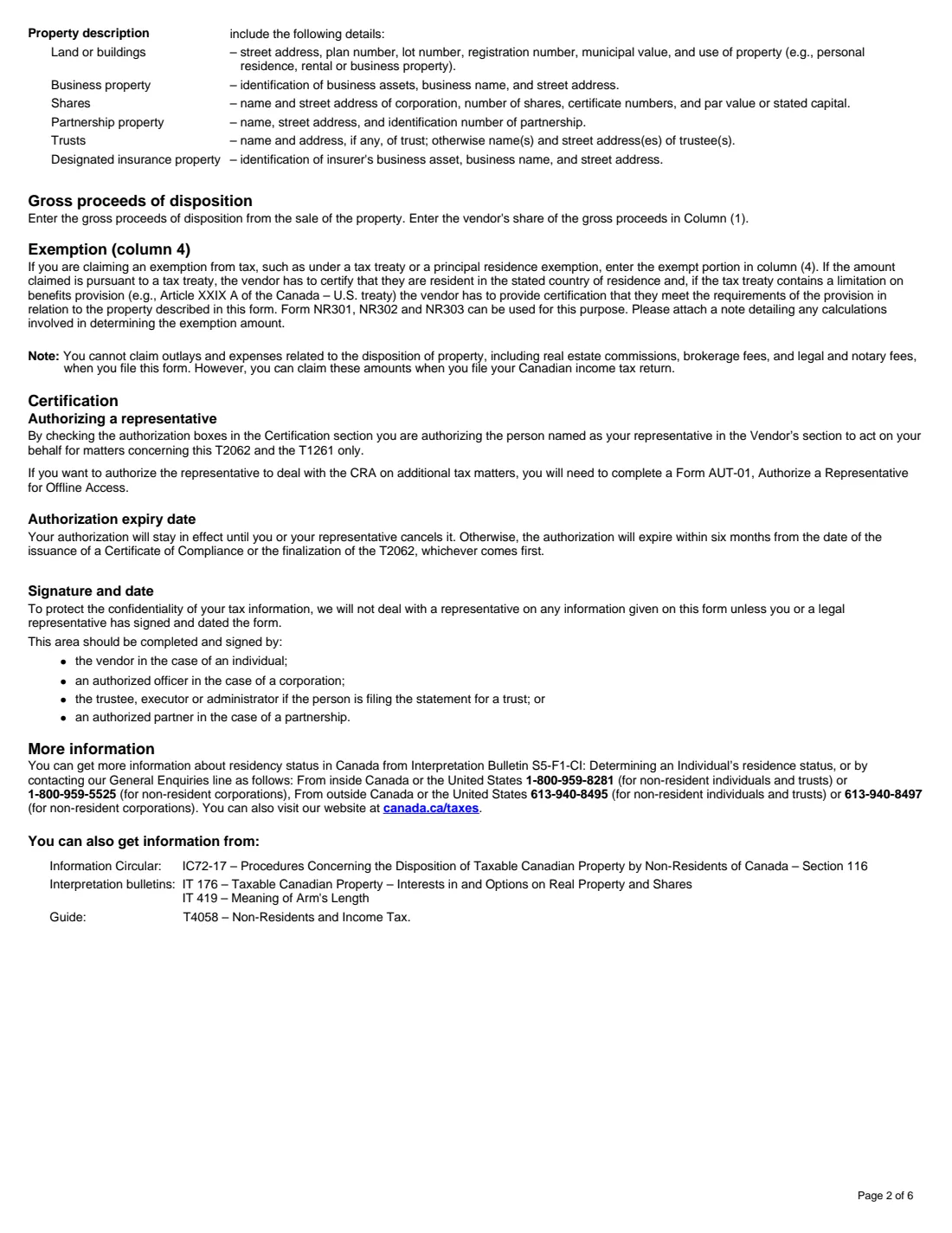 Form T2062 (2021) Request by a Non-Resident of Canada for a Certificate of Compliance Related to the Disposition of Taxable Canadian Property — page 2 of 6