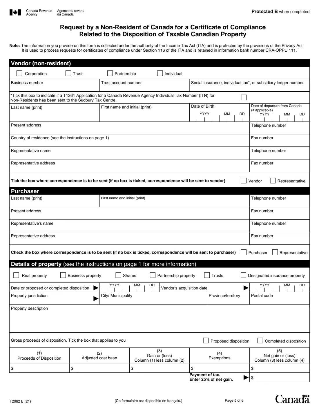 Form T2062 (2021) Request by a Non-Resident of Canada for a Certificate of Compliance Related to the Disposition of Taxable Canadian Property — page 5 of 6