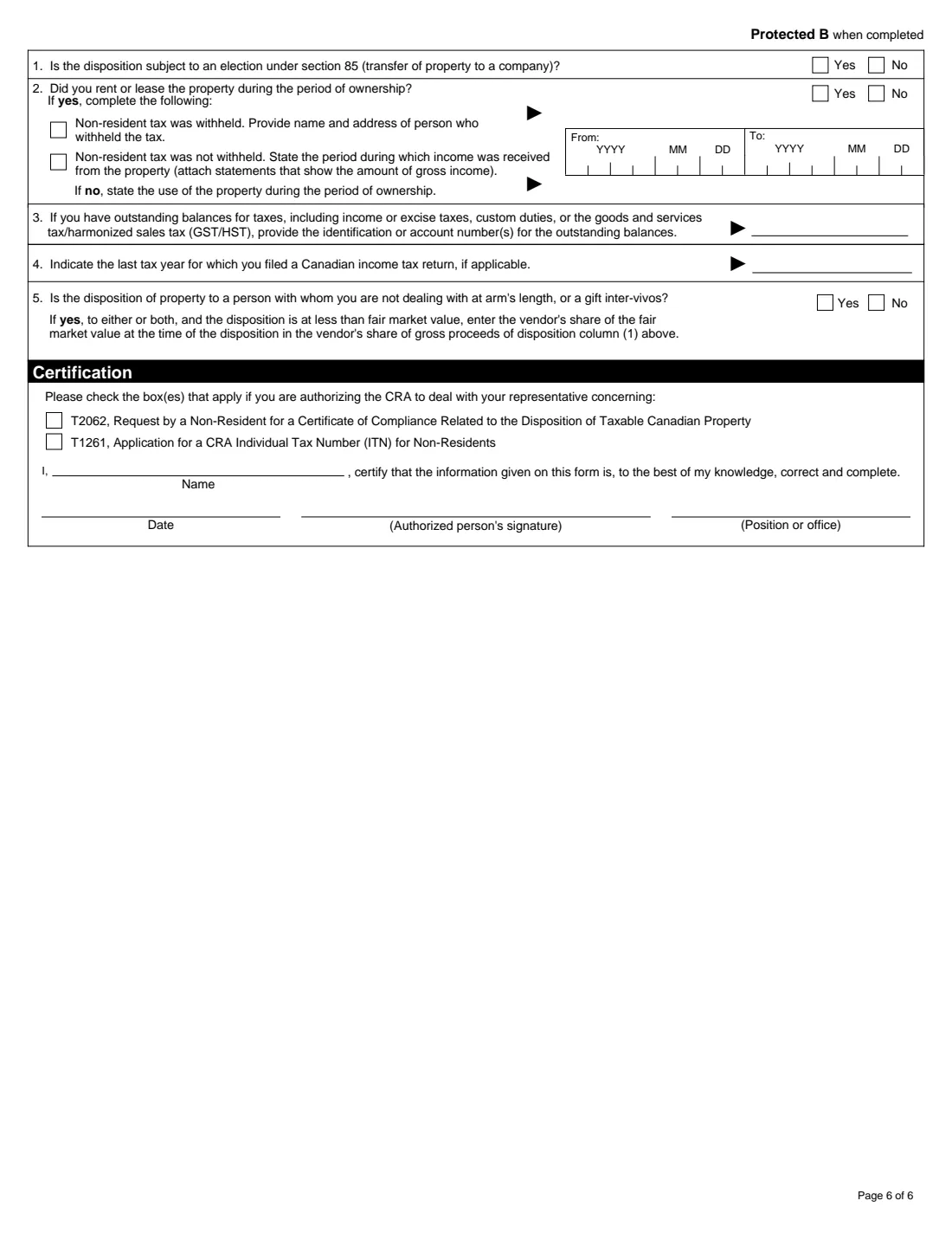 Form T2062 (2021) Request by a Non-Resident of Canada for a Certificate of Compliance Related to the Disposition of Taxable Canadian Property — page 6 of 6