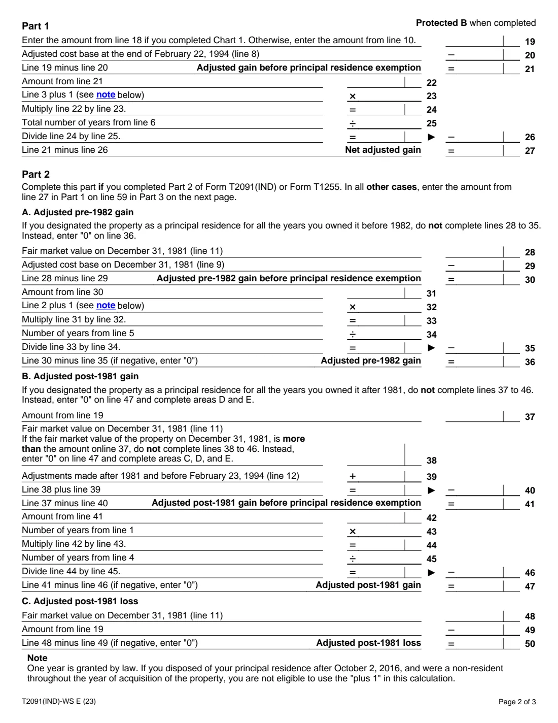 Form T2091(IND)-WS (2023) Principal Residence Worksheet — page 2 of 3