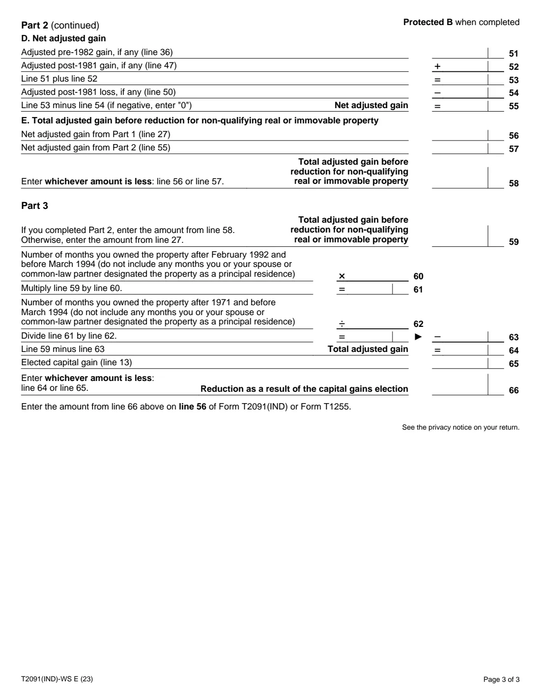 Form T2091(IND)-WS (2023) Principal Residence Worksheet — page 3 of 3