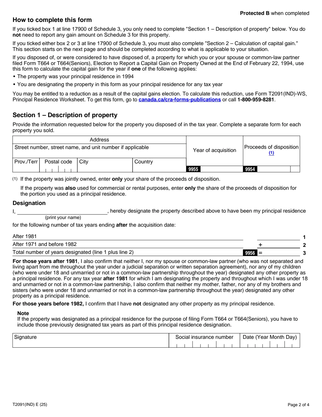 Form T2091(IND) (2025) Designation of a Property as a Principal Residence by an Individual (Other than a Personal Trust) — page 2 of 4