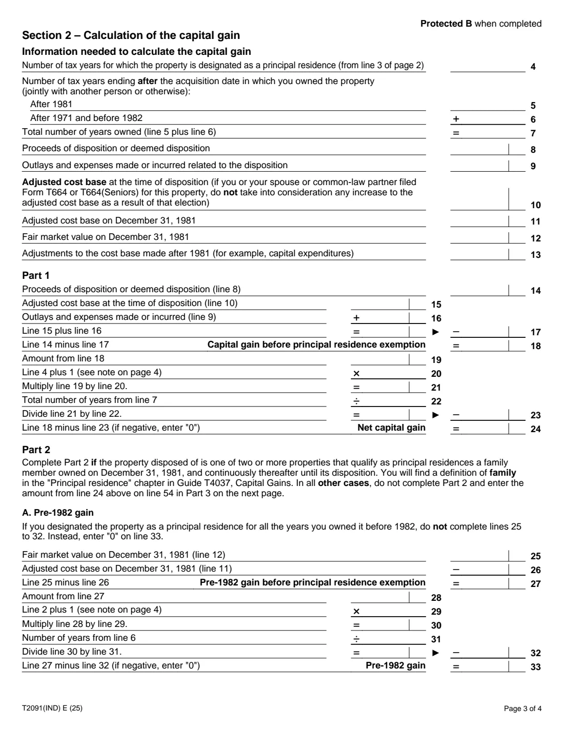 Form T2091(IND) (2025) Designation of a Property as a Principal Residence by an Individual (Other than a Personal Trust) — page 3 of 4