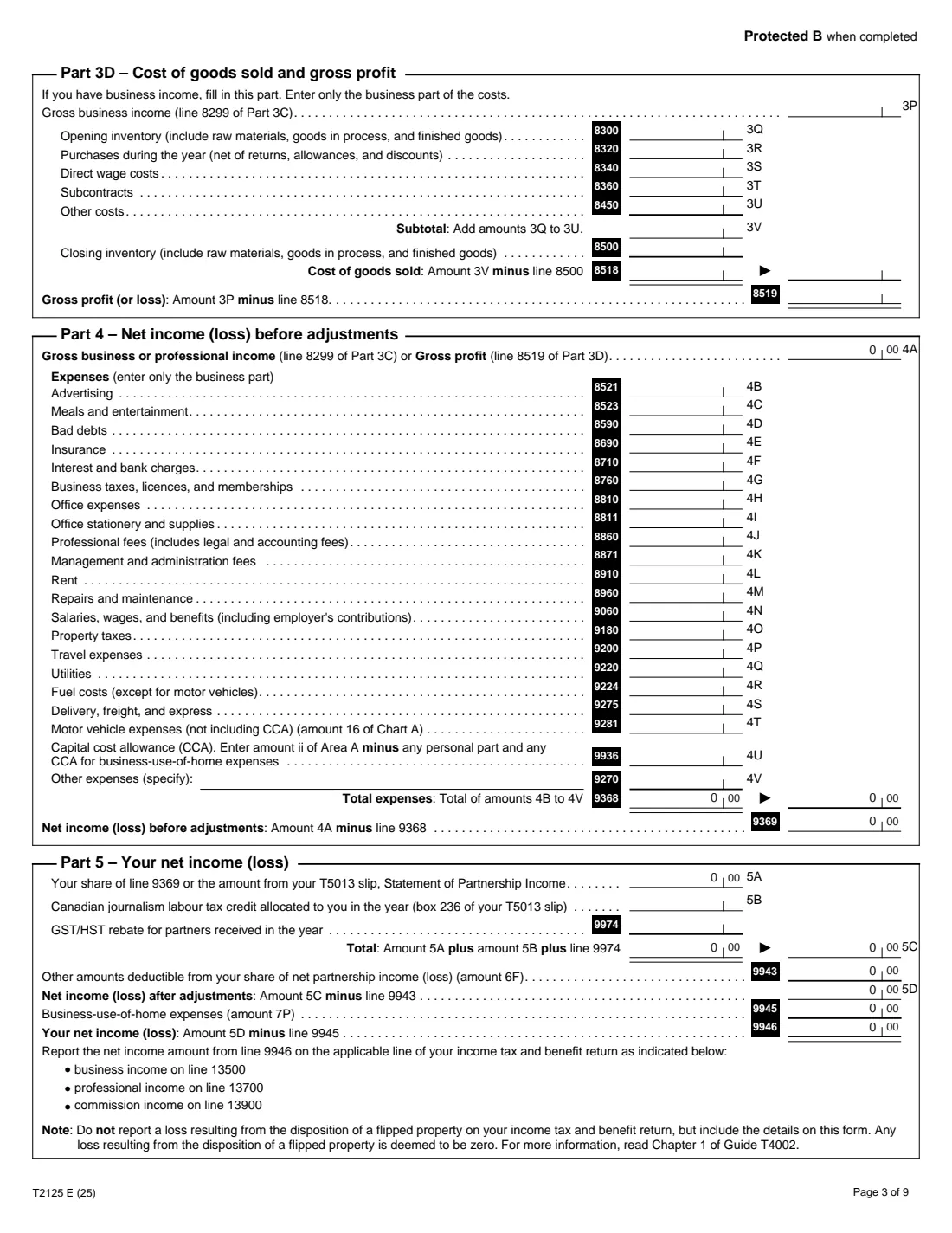 Form T2125 (2025) Statement of Business or Professional Activities — page 3 of 9