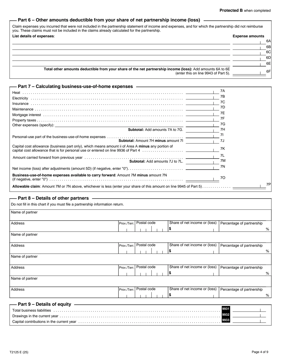 Form T2125 (2025) Statement of Business or Professional Activities — page 4 of 9