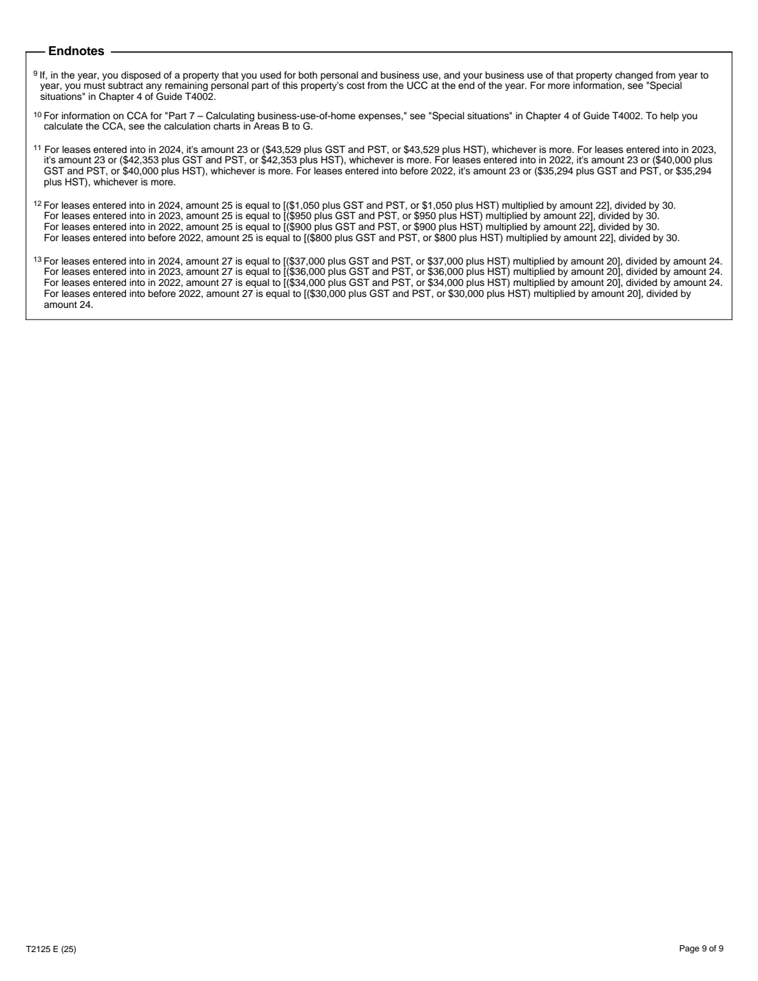 Form T2125 (2025) Statement of Business or Professional Activities — page 9 of 9