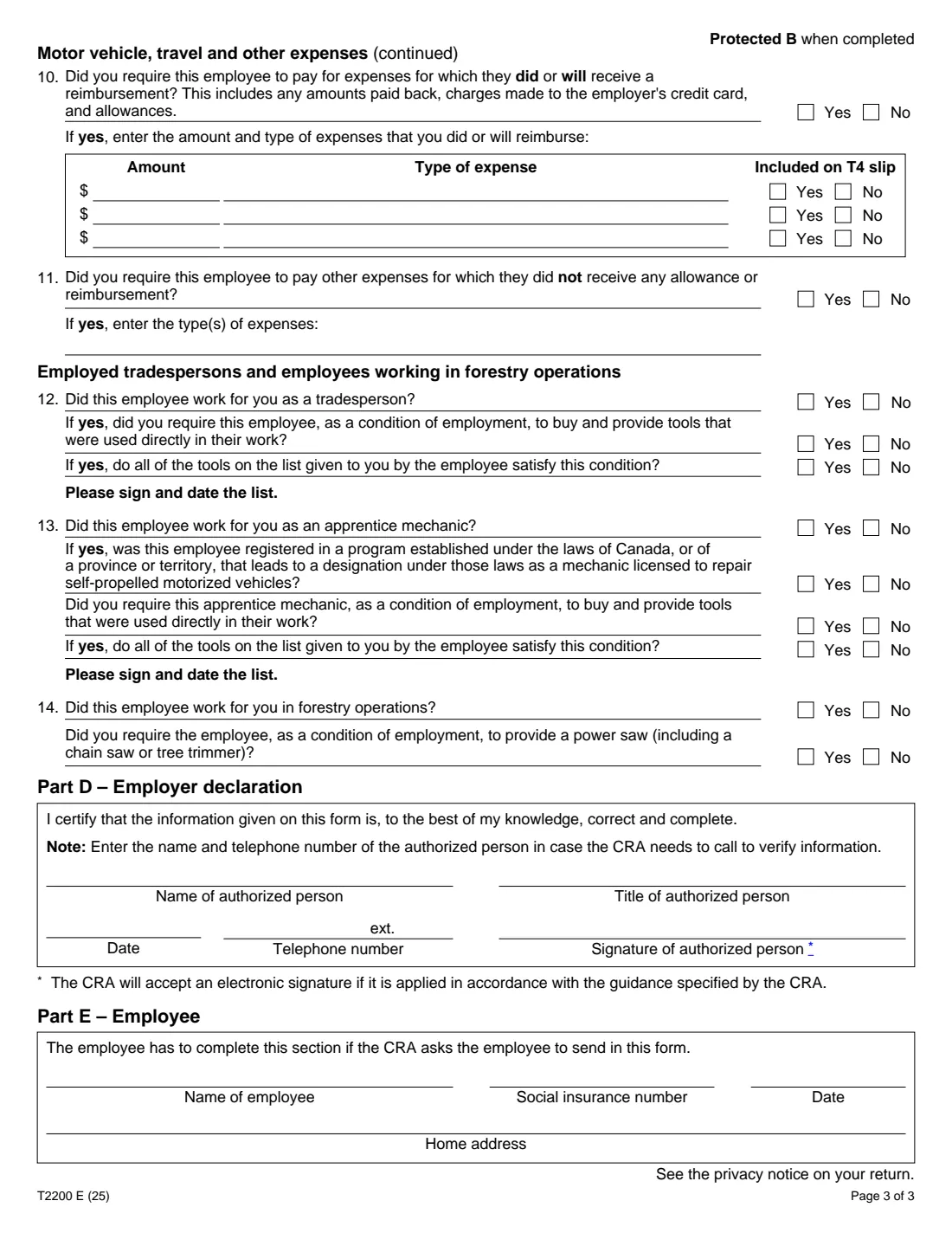 Form T2200 (2025) Declaration of Conditions of Employment — page 3 of 3