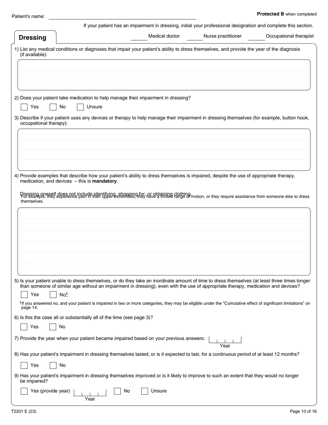 T2201 (2023) Disability Tax Credit Certificate (Part A – Individual's section) — page 10 of 16