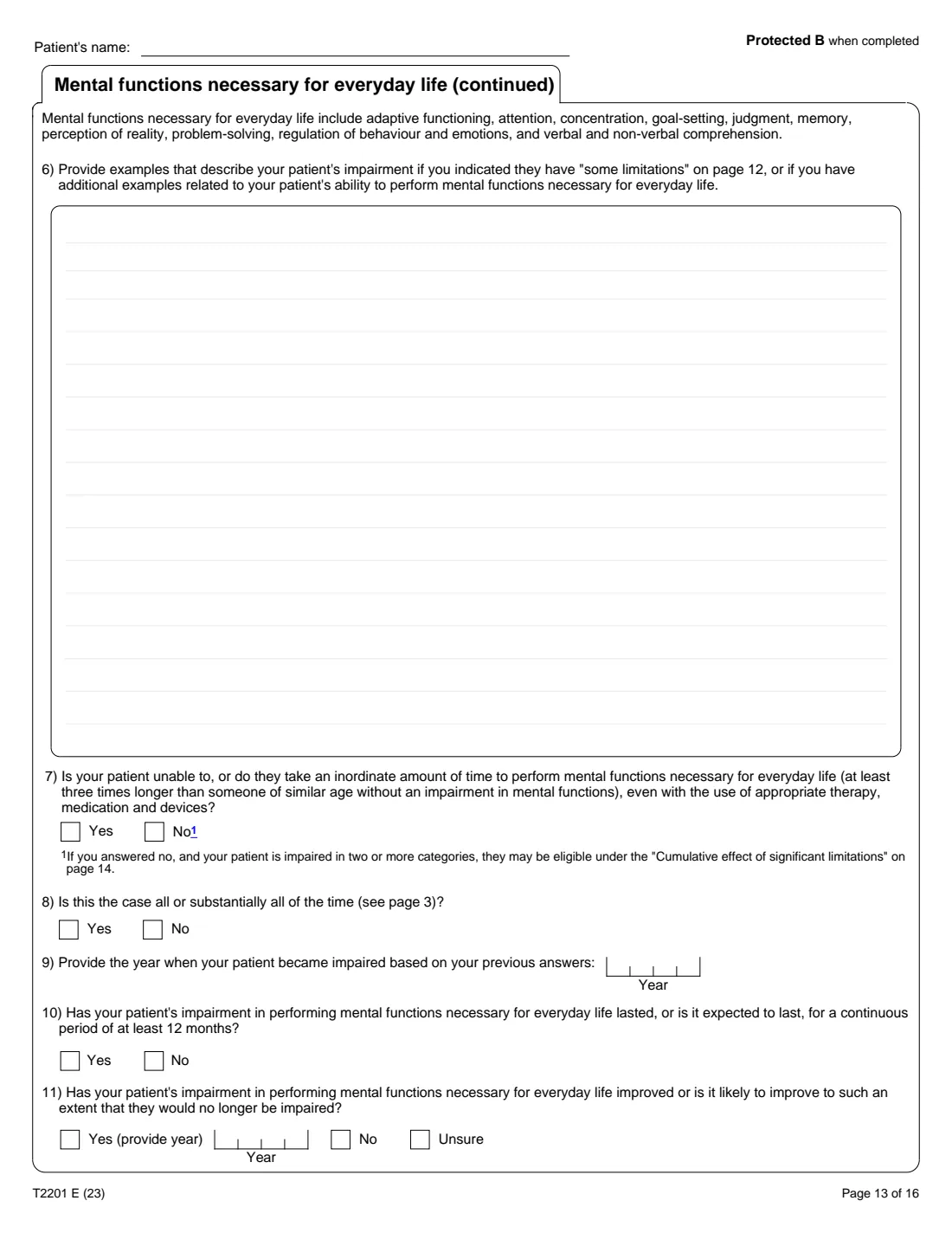 T2201 (2023) Disability Tax Credit Certificate (Part A – Individual's section) — page 13 of 16