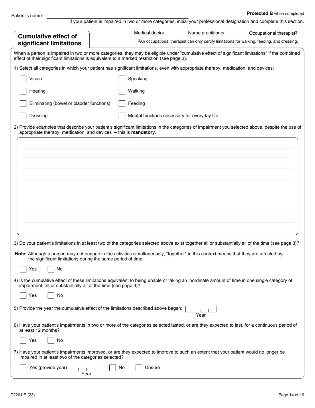 T2201 (2023) Disability Tax Credit Certificate (Part A – Individual's section) — page 14 of 16