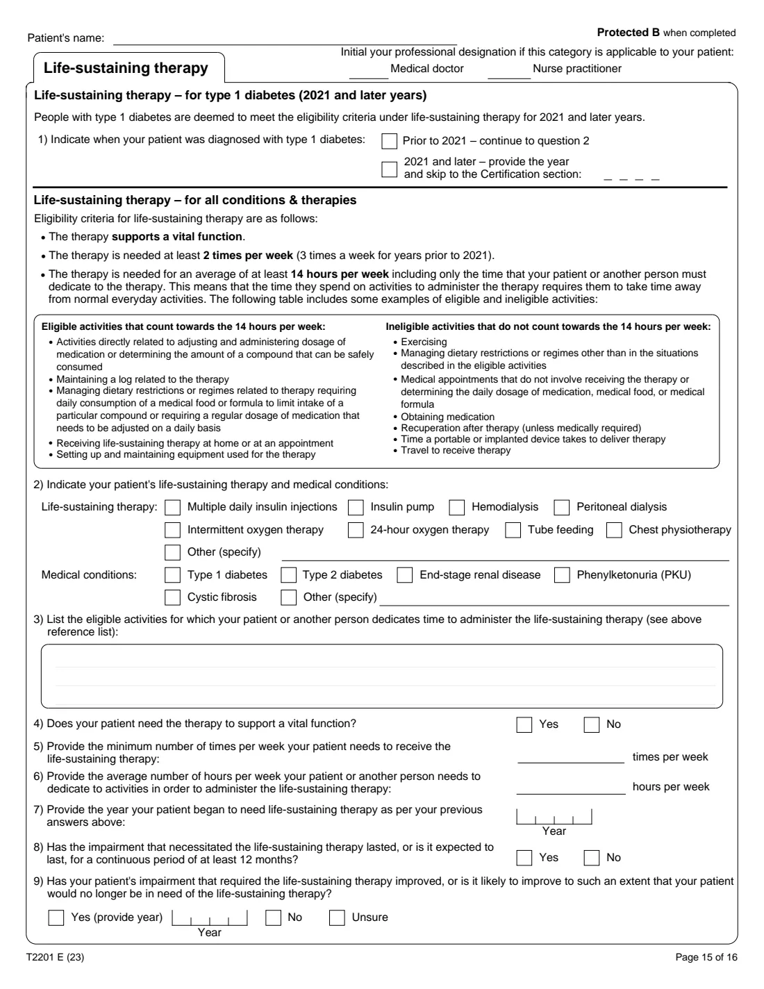 T2201 (2023) Disability Tax Credit Certificate (Part A – Individual's section) — page 15 of 16