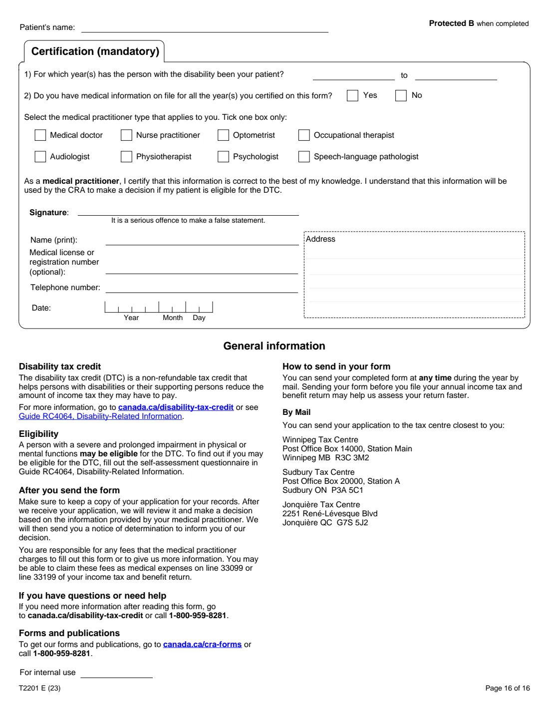 T2201 (2023) Disability Tax Credit Certificate (Part A – Individual's section) — page 16 of 16