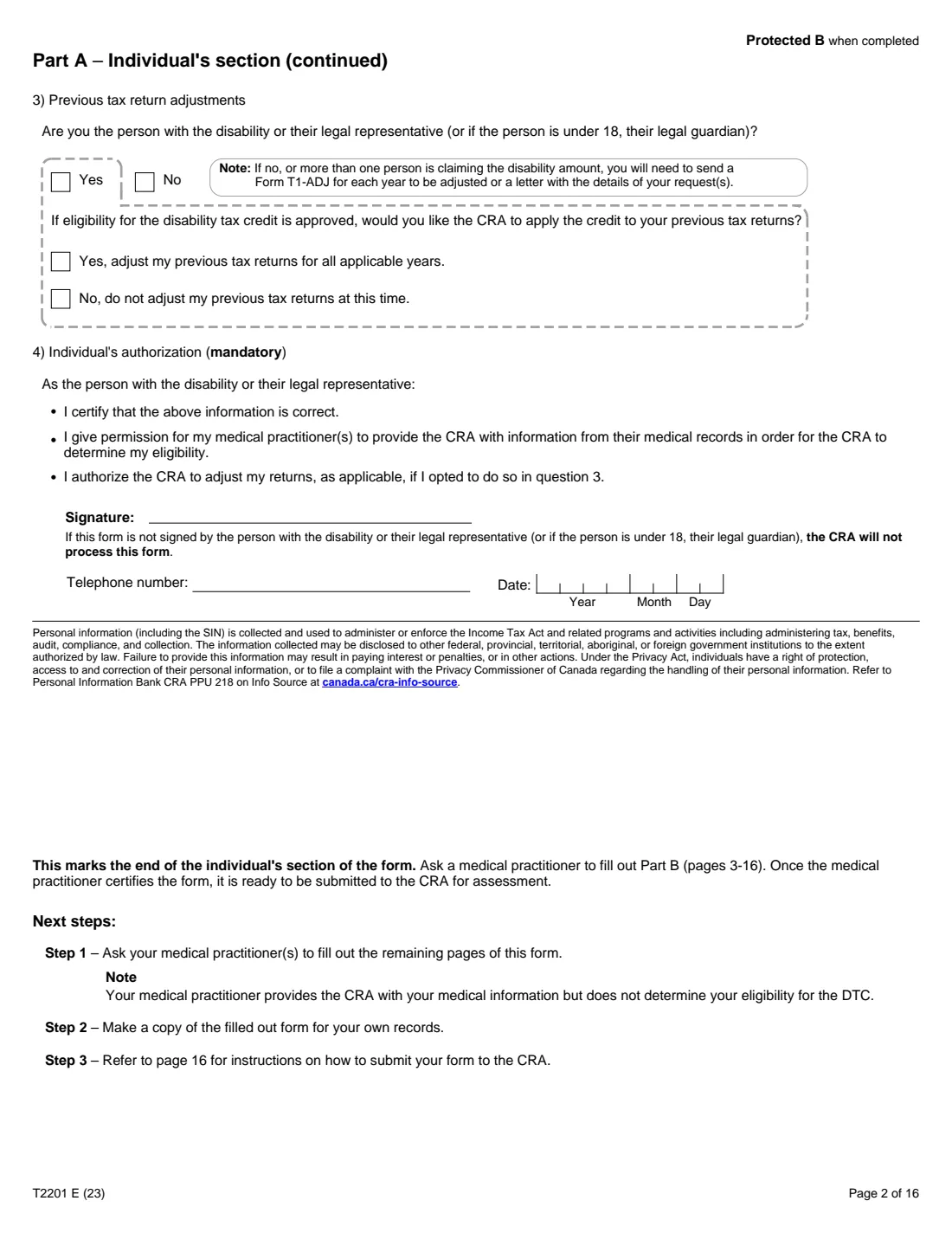 T2201 (2023) Disability Tax Credit Certificate (Part A – Individual's section) — page 2 of 16