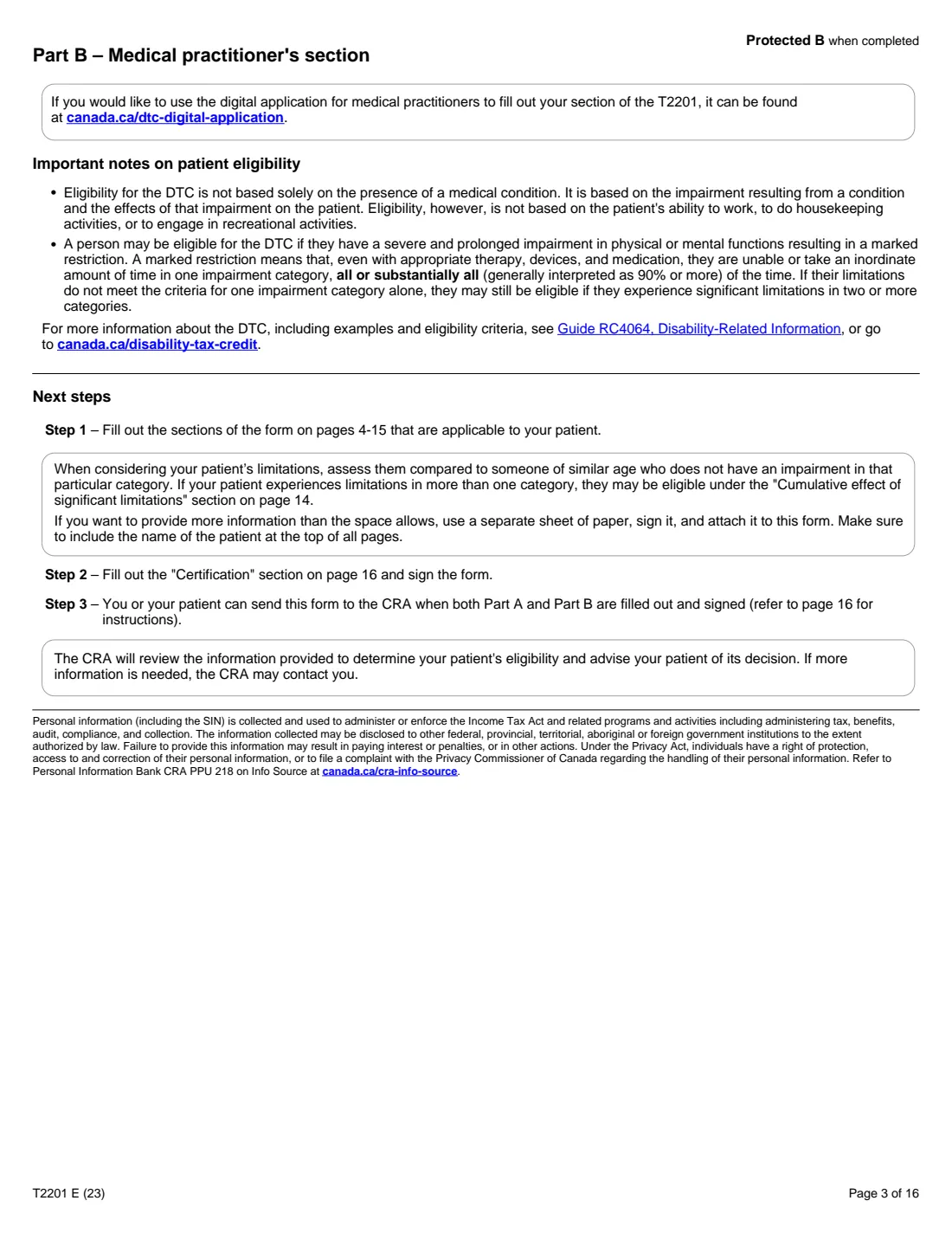 T2201 (2023) Disability Tax Credit Certificate (Part A – Individual's section) — page 3 of 16