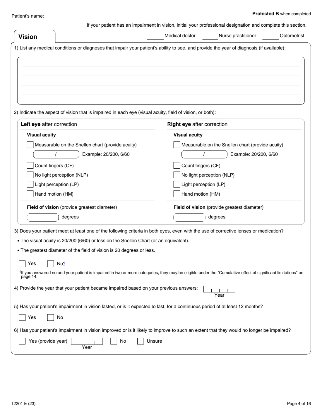 T2201 (2023) Disability Tax Credit Certificate (Part A – Individual's section) — page 4 of 16