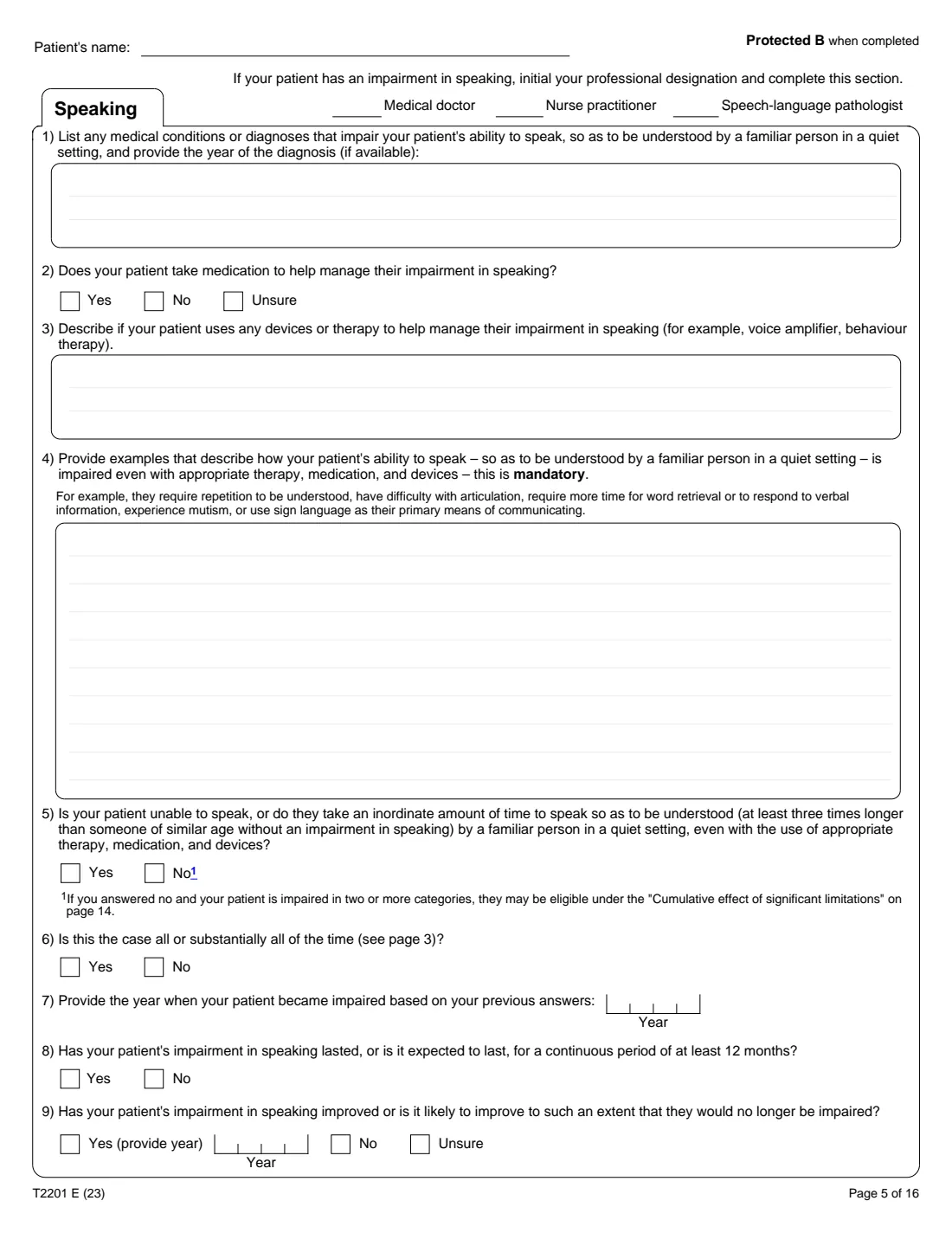 T2201 (2023) Disability Tax Credit Certificate (Part A – Individual's section) — page 5 of 16