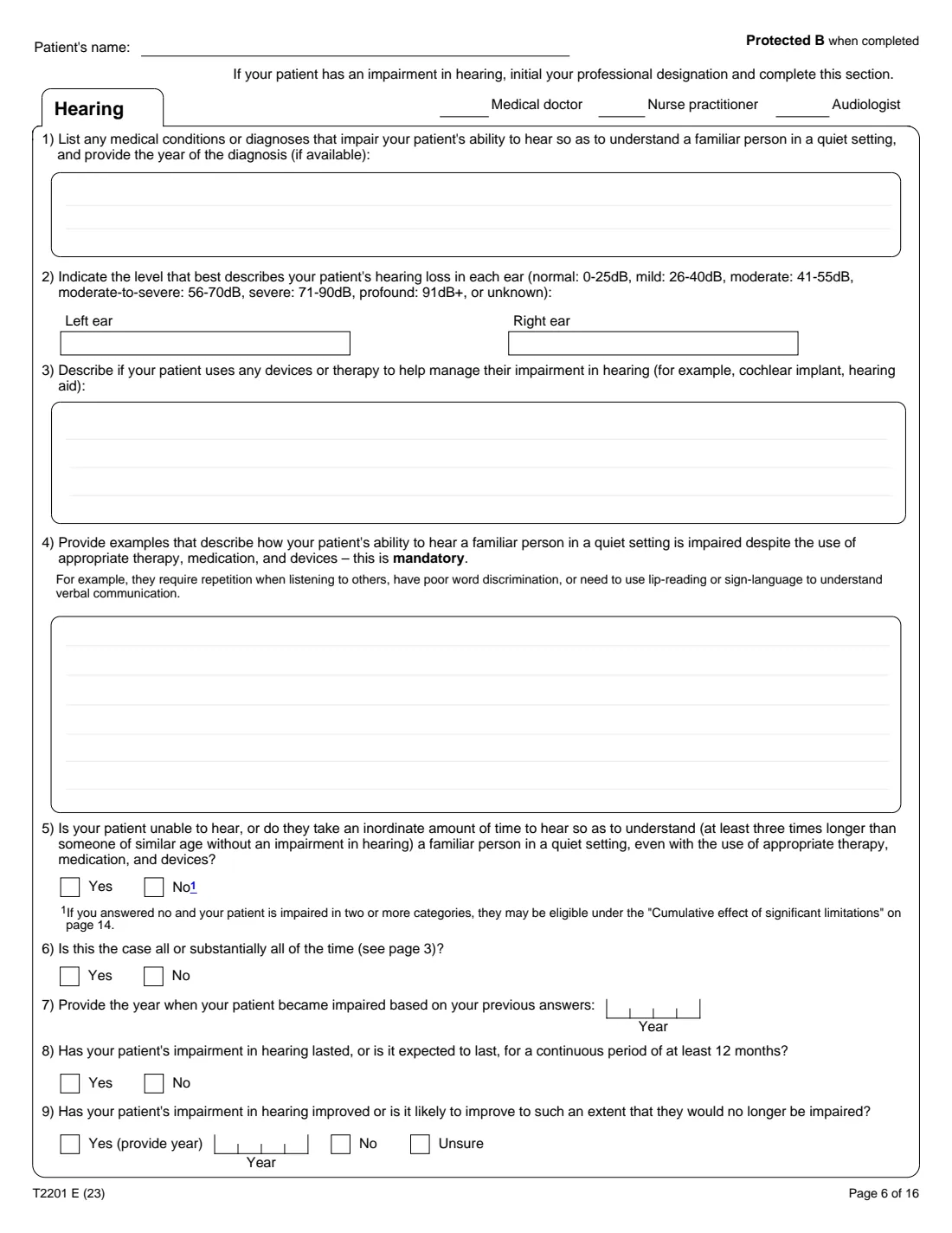 T2201 (2023) Disability Tax Credit Certificate (Part A – Individual's section) — page 6 of 16