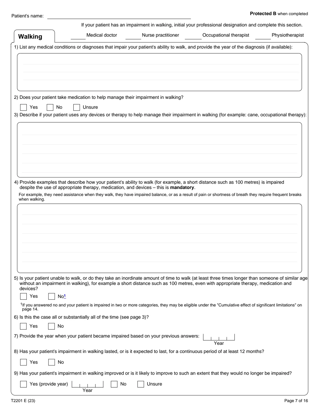 T2201 (2023) Disability Tax Credit Certificate (Part A – Individual's section) — page 7 of 16