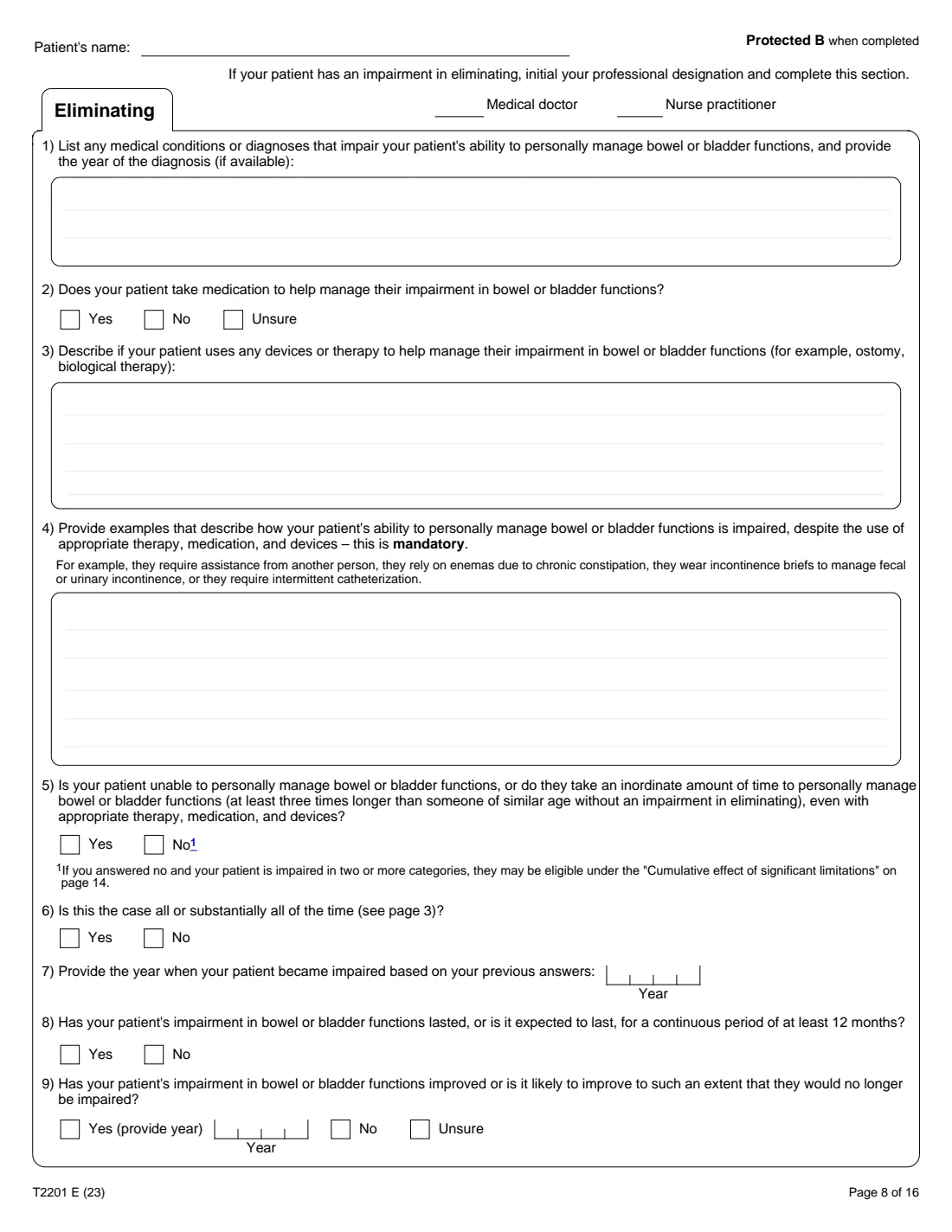 T2201 (2023) Disability Tax Credit Certificate (Part A – Individual's section) — page 8 of 16