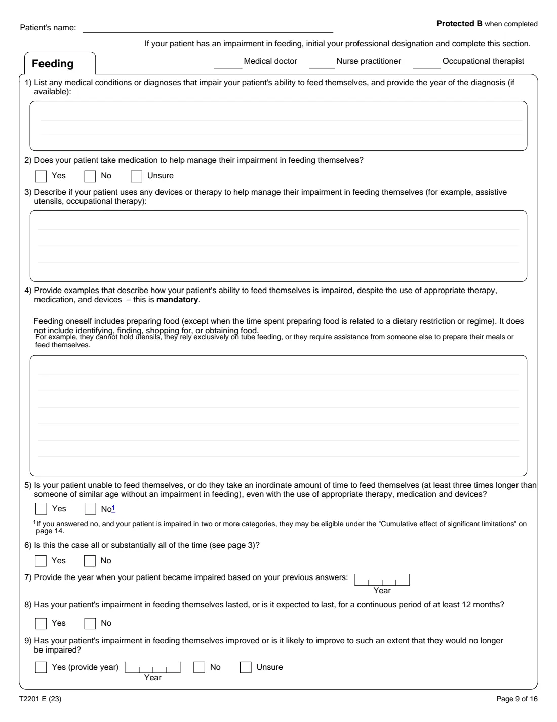 T2201 (2023) Disability Tax Credit Certificate (Part A – Individual's section) — page 9 of 16