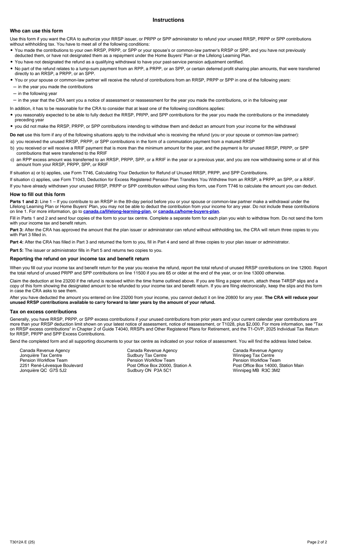 T3012A (2025) Tax Deduction Waiver on the Refund of Your Unused RRSP, PRPP, or SPP Contributions from Your RRSP, PRPP, or SPP — page 2 of 2