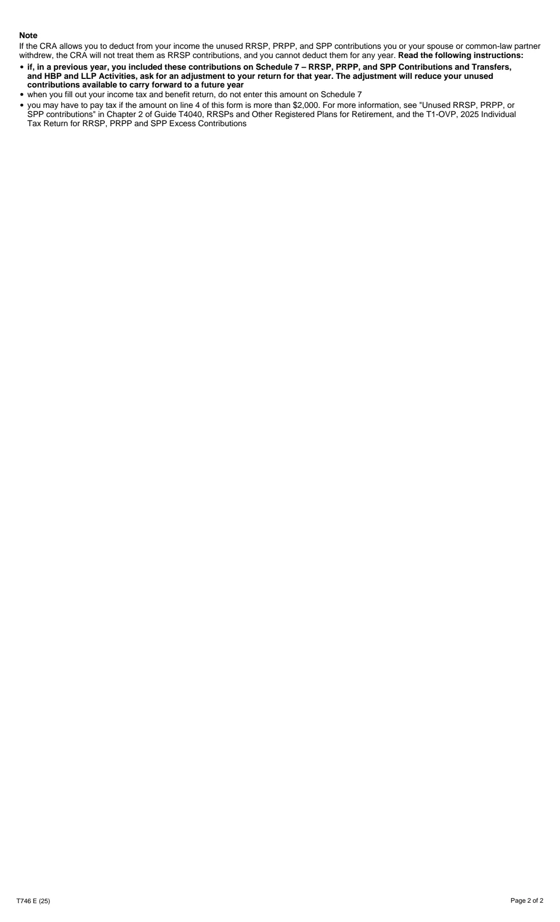Form T746 (2025) Calculating Your Deduction for Refund of Unused RRSP, PRPP, and SPP Contributions — page 2 of 2