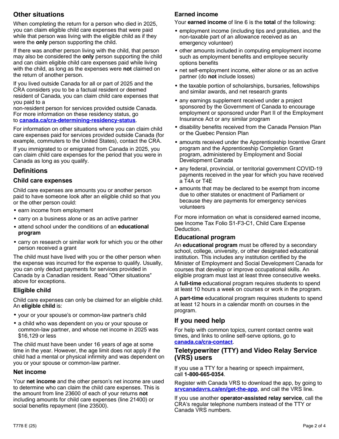 Form T778 (2025) Child Care Expenses Deduction — page 2 of 4