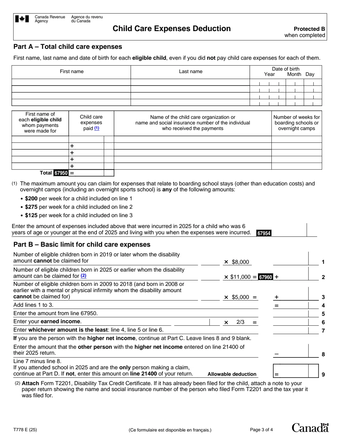 Form T778 (2025) Child Care Expenses Deduction — page 3 of 4