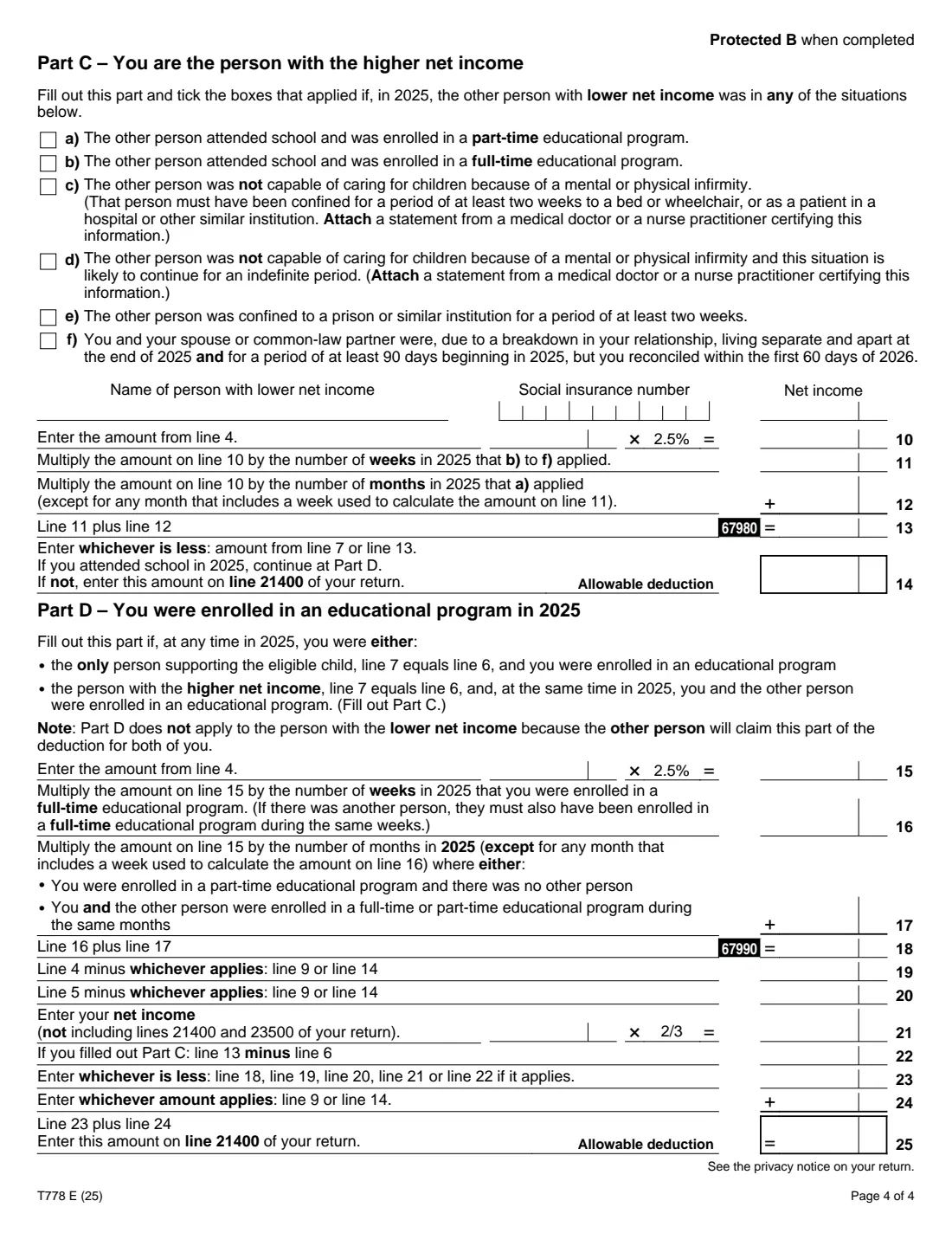 Form T778 (2025) Child Care Expenses Deduction — page 4 of 4