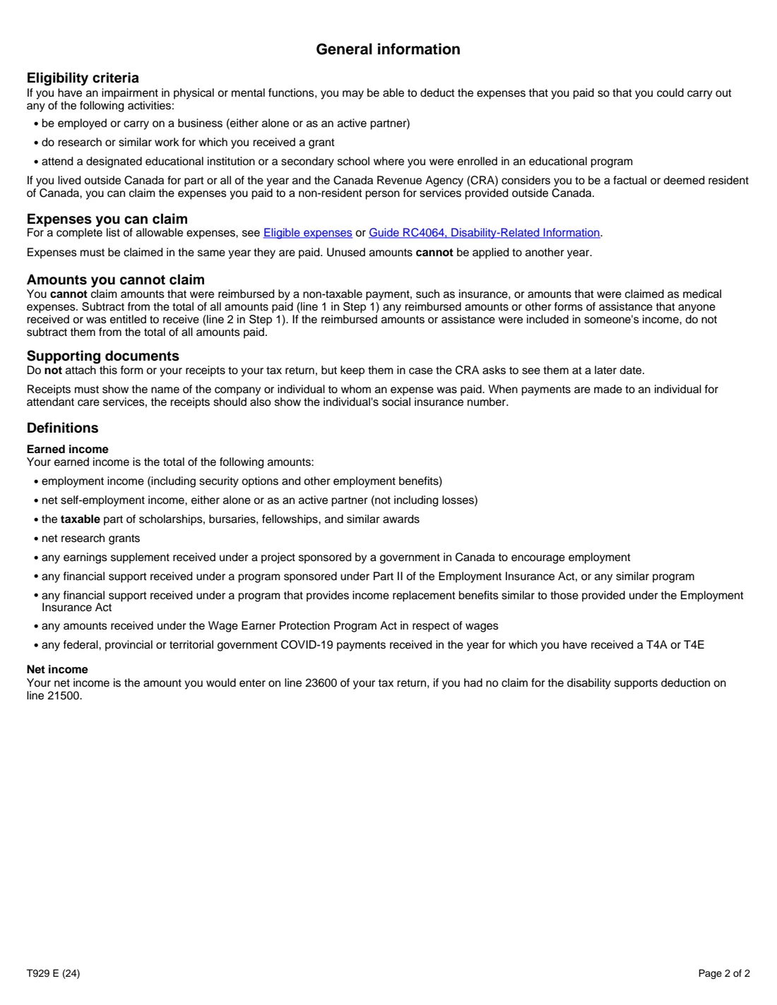 Form T929 (2024) Disability Supports Deduction — page 2 of 2