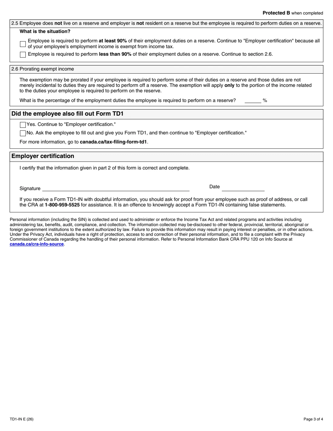 Form TD1-IN (2026) Determination of Exemption of an Indian's Employment Income — page 3 of 4