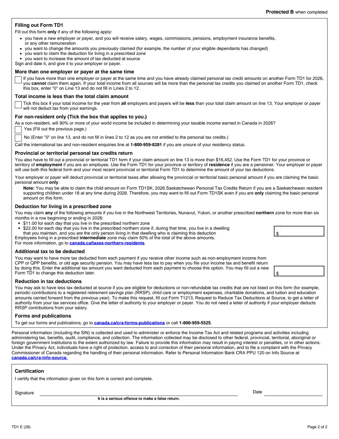 Form TD1 (2026) 2026 Personal Tax Credits Return — page 2 of 2