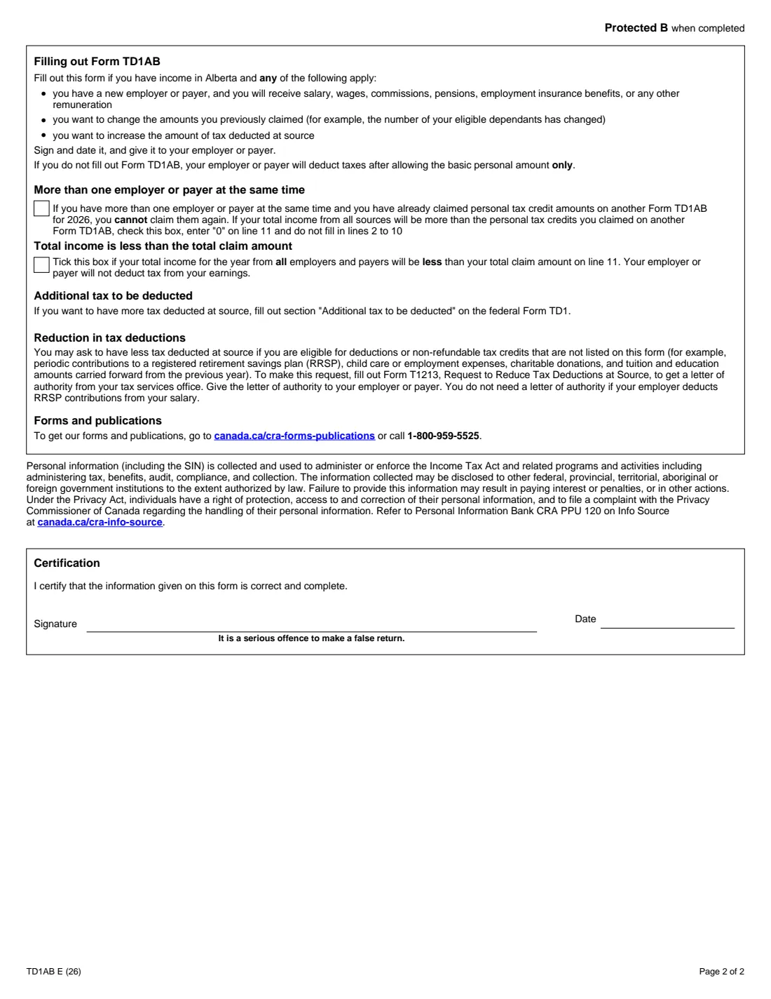 Form TD1AB (2026) 2026 Alberta Personal Tax Credits Return — page 2 of 2