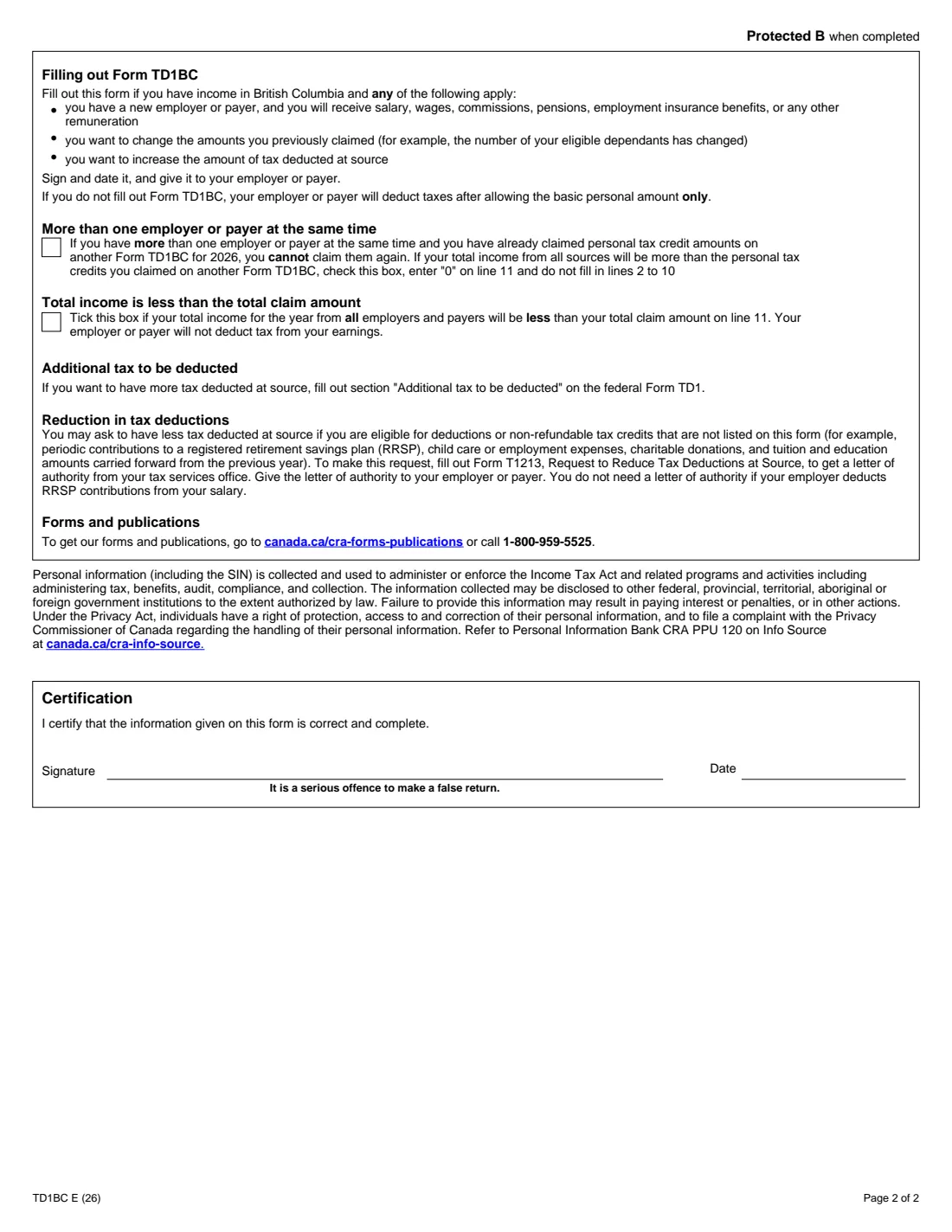 Form TD1BC (2026) 2026 British Columbia Personal Tax Credits Return — page 2 of 2
