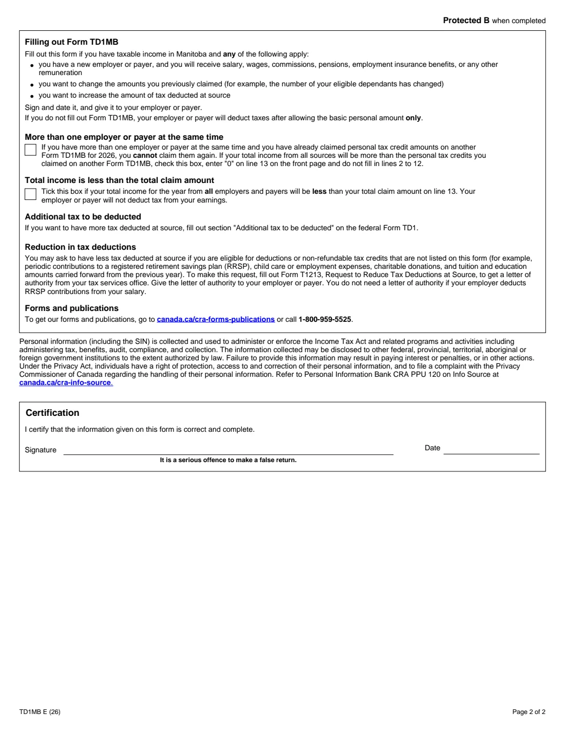 Form TD1MB (2026) 2026 Manitoba Personal Tax Credits Return — page 2 of 2