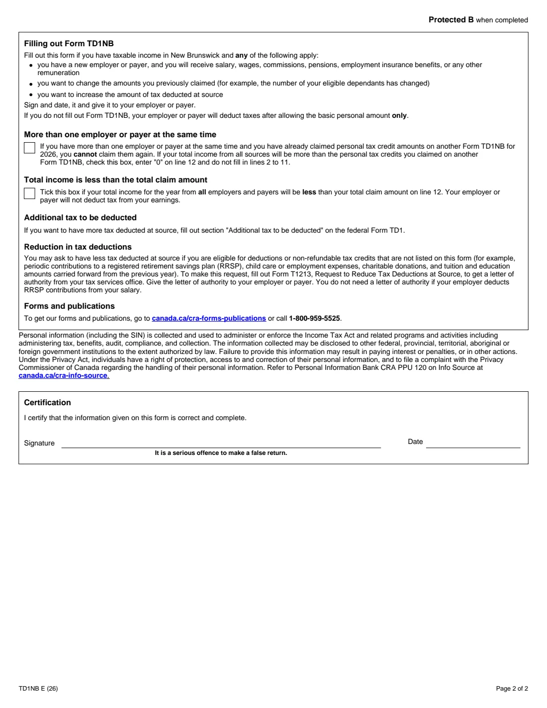 Form TD1NB (2026) 2026 New Brunswick Personal Tax Credits Return — page 2 of 2